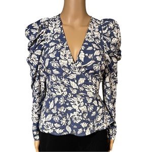 ASTR The Label blue floral print puff wrap long sleeve blouse sz Small